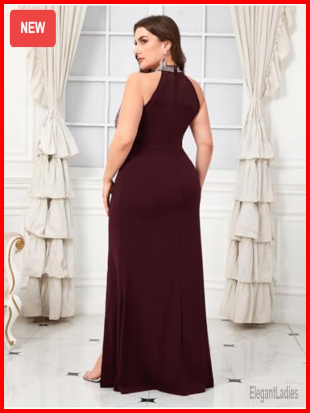 Plus Size Sexy Evening Gown Sparkly Rhinestone Bodice Halter Neck Maxi Dress - Picture 5 of 6